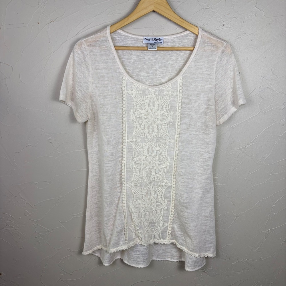 NorthStyle Lace Crochet Cream Top Size Medium Boho Short Sleeve Coastal Cottage
